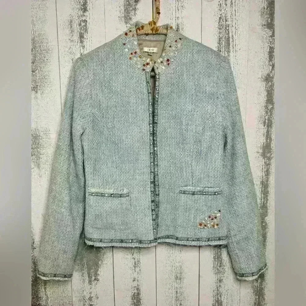 CACHE Boucle Tweed Top Jacket Lined Embellished Beads